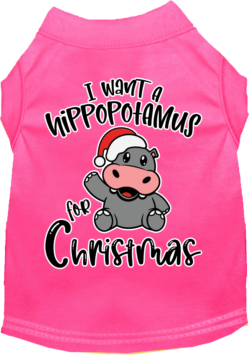 Hippo for Christmas Screen Print Dog Shirt Bright Pink Size XS